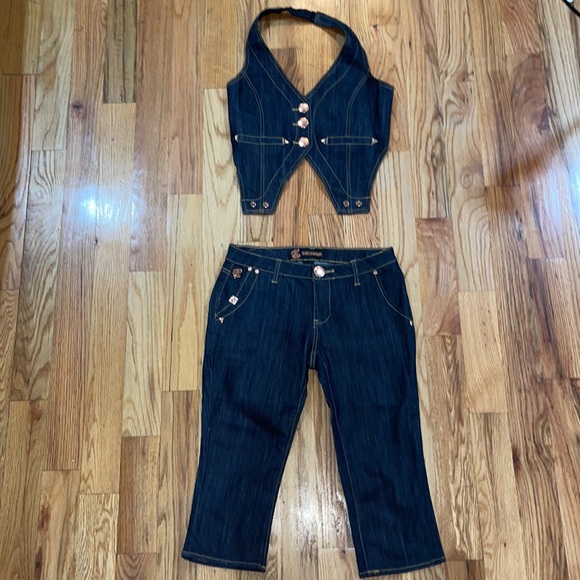 NEW ROCAWEAR Y2K Detachable Vest Denim 2 piece Jumpsuit Jeans romper Open Back 7 - Picture 2 of 16